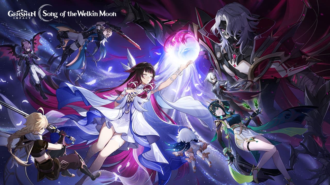 Several fantasy characters in dynamic poses, with glowing weapons and magical effects reminiscent of Genshin Impact Version Luna II, stand against a vibrant background.