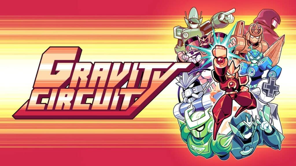 Colorful armored heroes pose with "Gravity Circuit" logo in bold letters on a bright, stylized background.