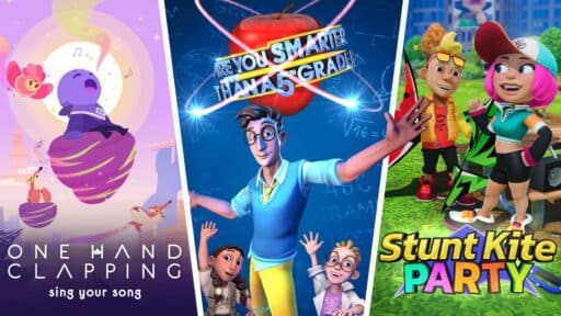 Three colorful game covers from HandyGames: One Hand Clapping, Are You Smarter Than a 5th Grader?, and Stunt Kite Party—GameNight reimagined on Amazon Luna.