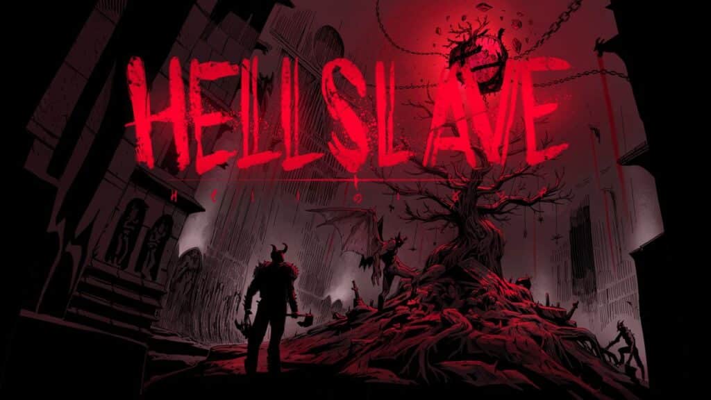 A demonic figure stands before a twisted tree under red "HELLSLAVE" text in a dark, ominous landscape as part of new free games for prime members on Amazon Luna.