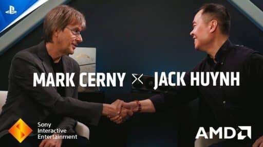 Mark Cerny and Jack Huynh shake hands in an interview, Sony and AMD logos visible—hinting at a possible collaboration on Project Amethyst.