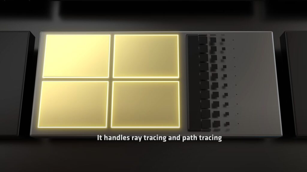 Radiance Cores, a glowing chip divided into four sections with text: "It handles ray tracing and path tracing, powered by Project Amethyst.