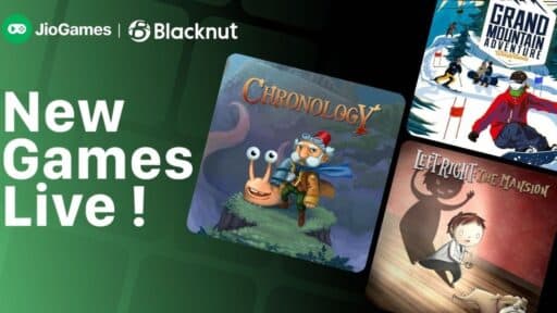 JioGames Cloud new games promo highlights covers for exciting live titles: Chronology, Grand Mountain Adventure, and Left Right the Mansion.