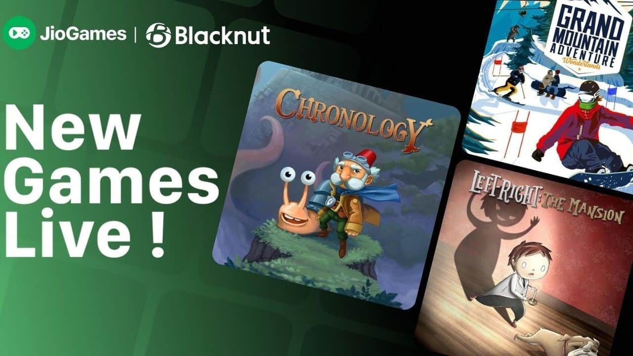 JioGames Cloud new games promo highlights covers for exciting live titles: Chronology, Grand Mountain Adventure, and Left Right the Mansion.