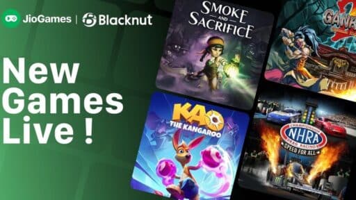 JioGames Cloud new games go live as JioGames and Blacknut showcase covers of four featured titles on a vibrant green background.