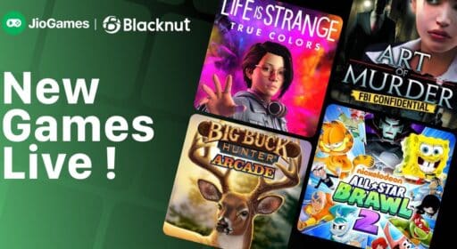 Four game covers and the text "New Games Live!" with JioGames and Blacknut logos on a green background.