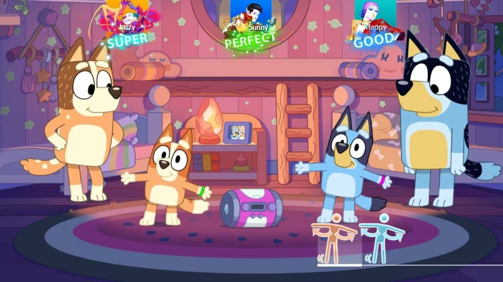Animated Bluey family dances in a cozy living room with a boombox and colorful game scores above each character, inspired by the fun and energy of Just Dance 2026 Edition.