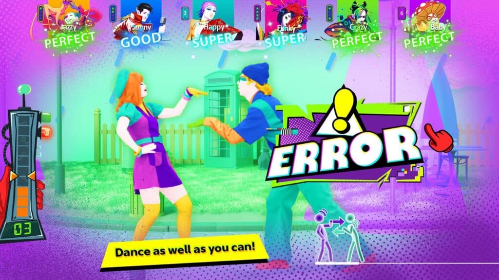 Two animated dancers freeze mid-move as a bright “ERROR” sign appears onscreen in the colorful world of Just Dance 2026 Edition.