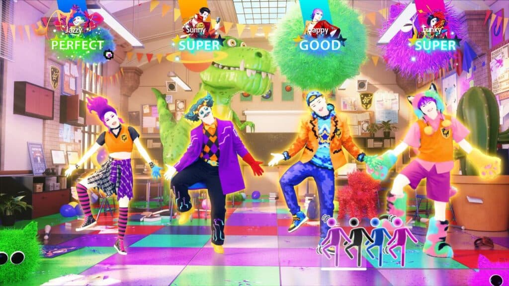 Five colorful dancers perform in a bright, vibrant room with party decorations and a green dinosaur, bringing the energy of Just Dance 2026 Edition to life.