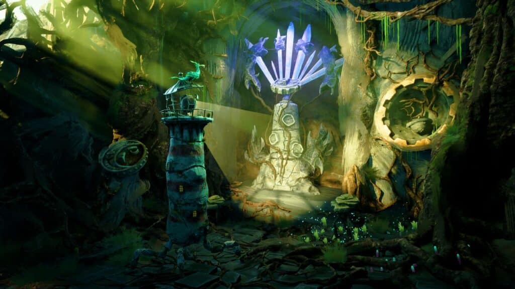 From the video game called Keeper, a magical forest scene unfolds with glowing crystals, ancient ruins, and green vines under mystical light beams, watched over by a silent Keeper.