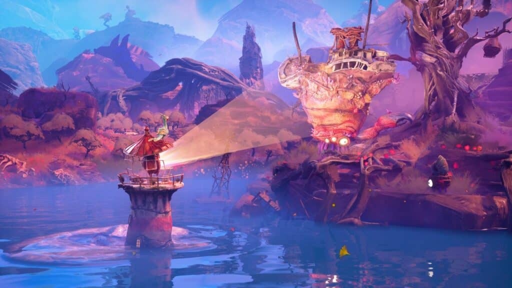 A fantasy scene from the video game Keeper, with a tower shining a light toward a giant creature on a colorful, surreal island.