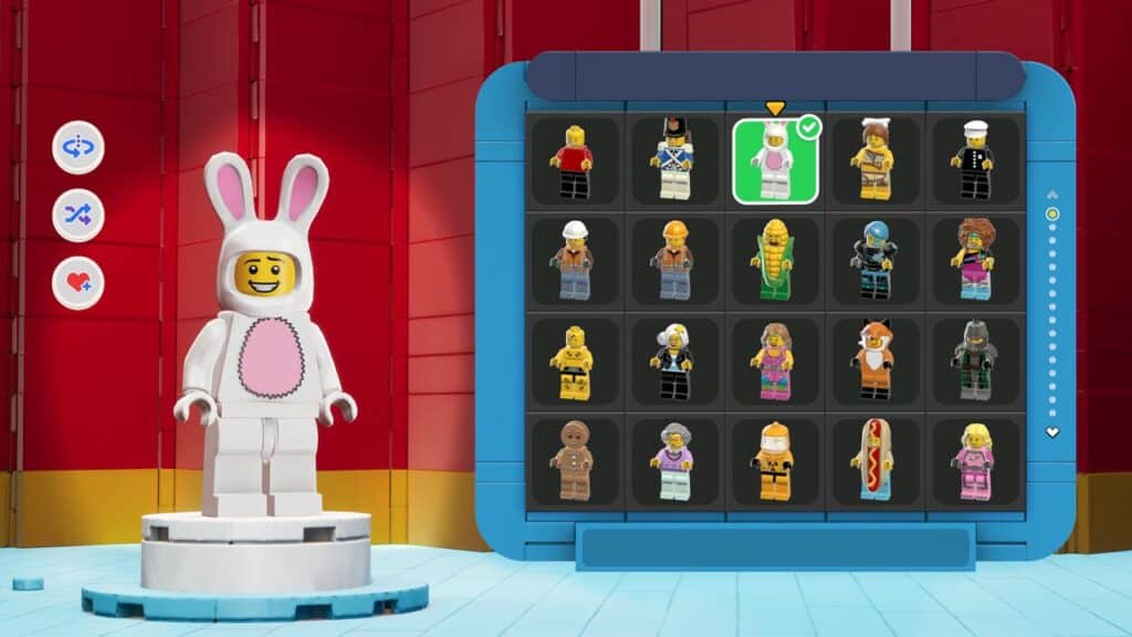 A LEGO character in a bunny suit stands by a screen showing various LEGO minifigures to choose from—get ready for the ultimate LEGO Party!.