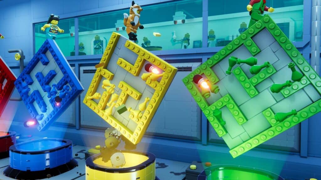 Colorful LEGO maze game with LEGO characters balancing mazes above matching colored containers—perfect for your next LEGO Party!.