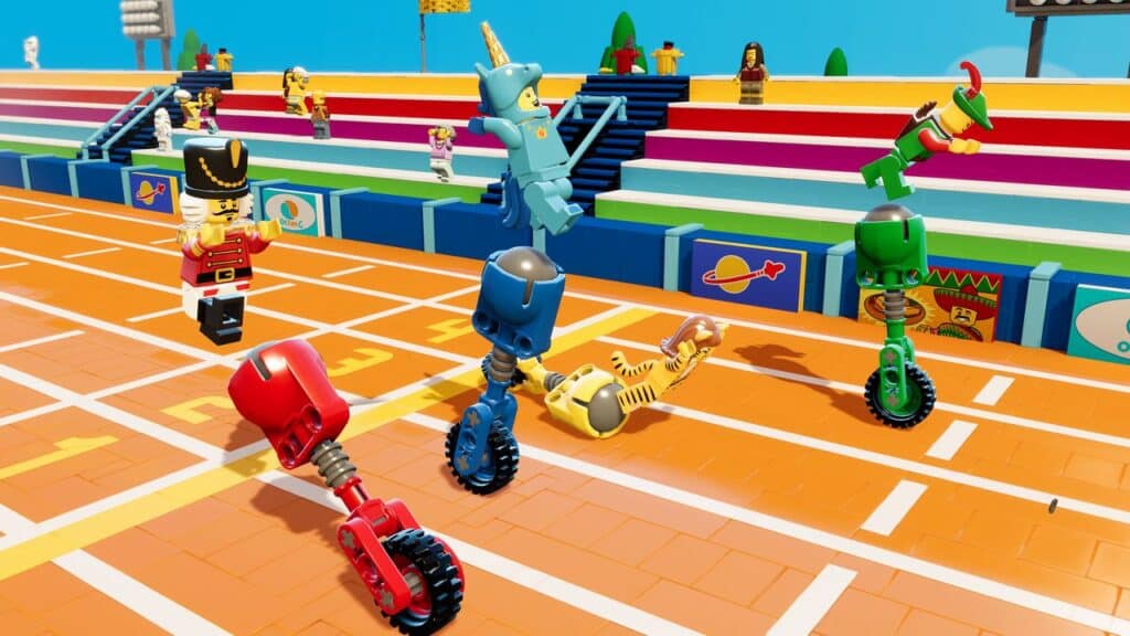 Colorful toy robots on unicycles race on a track as a toy soldier watches; the crowd in the stands behind brings true LEGO Party! energy.