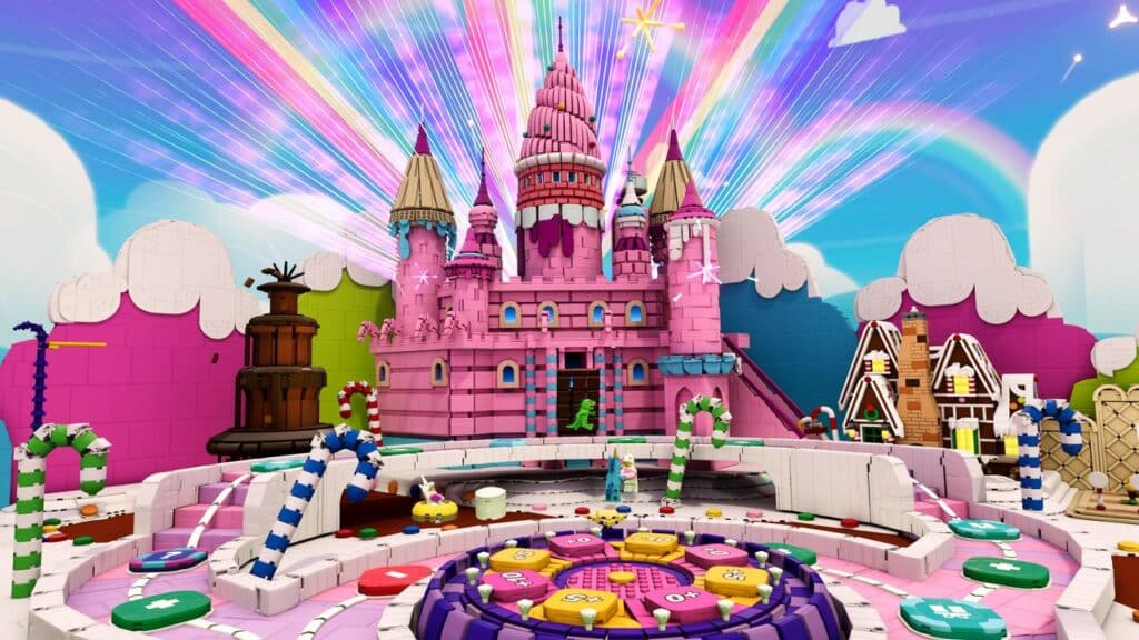 A vibrant, LEGO-style pink castle with candy decorations, rainbows, and colorful game pieces in front—perfect for a LEGO Party!.