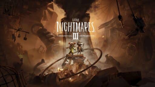 Two small characters stand in a dark, eerie junkyard, evoking the haunting atmosphere of Little Nightmares III, with the game’s title looming above them.