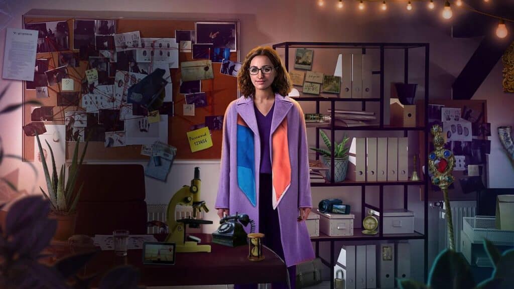 From Lost & Found Agency Collector’s Edition, a woman in a colorful coat stands in a cozy, cluttered office with plants, files, and scientific equipment as part of new free games for prime members on Amazon Luna.