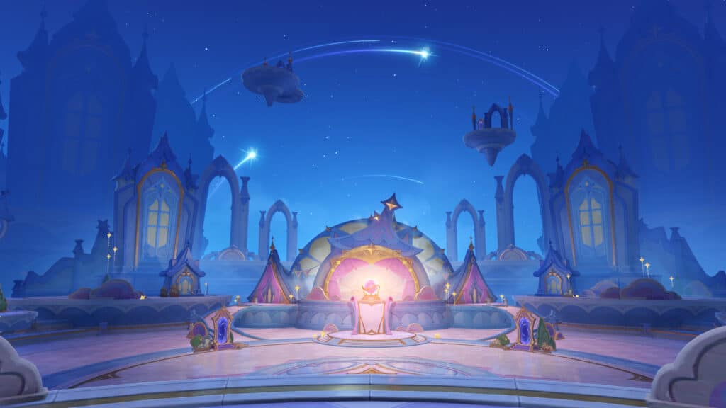 A magical, domed palace inspired by Genshin Impact Version Luna II, with floating islands, glowing lights, and a starry blue sky overhead.