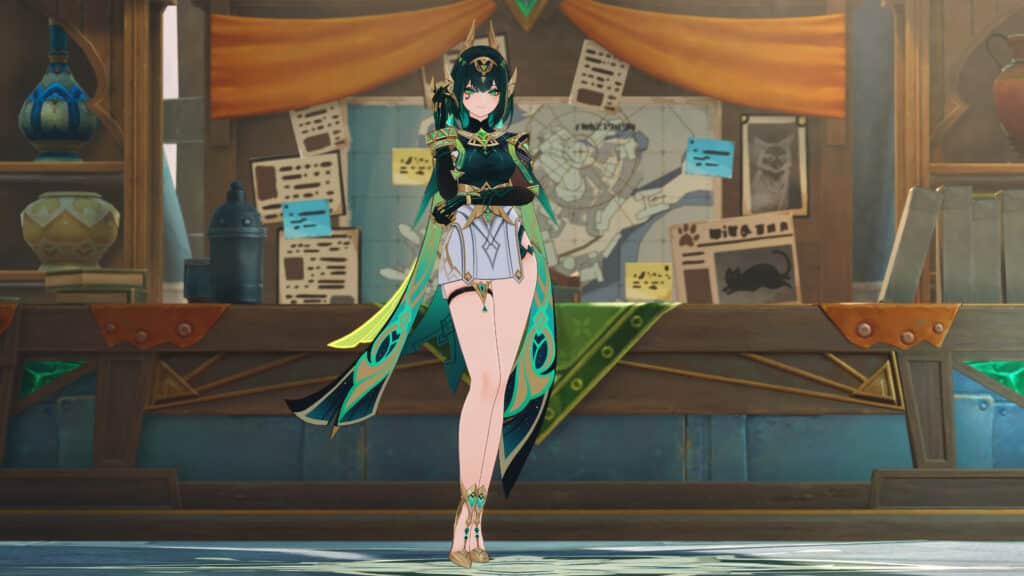 Nefer in ornate green and gold attire stands confidently in front of a decorated bulletin board and map, her style reminiscent of Genshin Impact Version Luna II’s vibrant aesthetic.