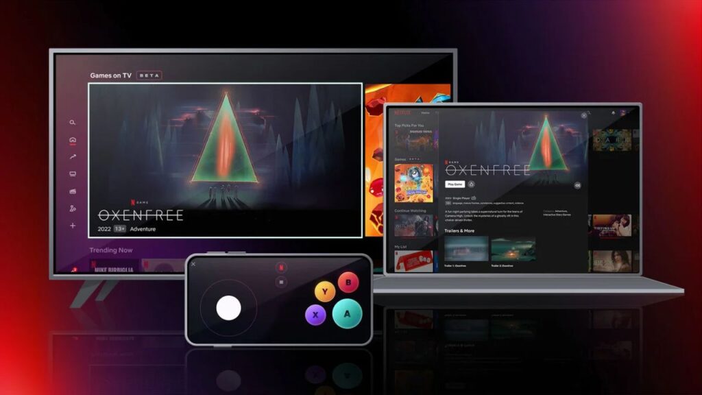 A TV, laptop, and smartphone display the game "Oxenfree" and a gaming interface on their screens, showcasing the versatility of Netflix vs Amazon cloud gaming platforms.
