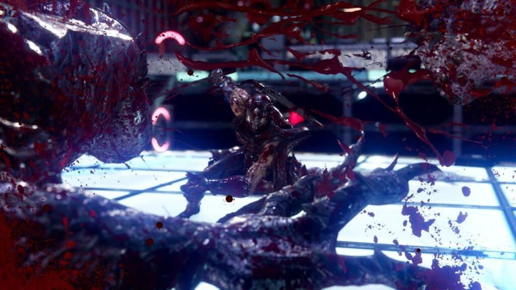 A futuristic armored figure battles amid splashes of blood on a glowing, high-tech floor, evoking the intense action of Ninja Gaiden 4.