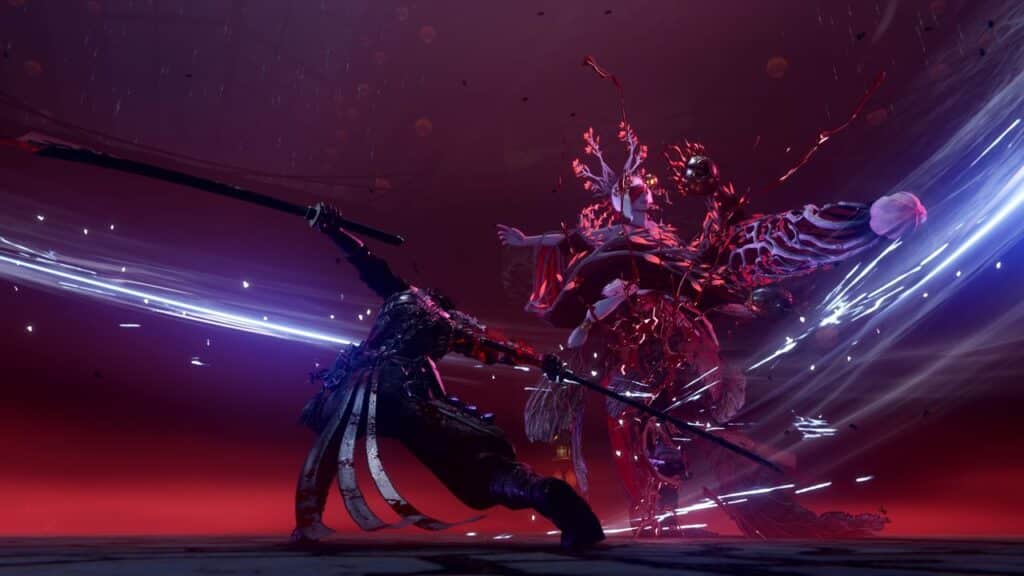 A warrior with a spear battles a glowing, monstrous creature in a dramatic, red-lit scene reminiscent of Ninja Gaiden 4.