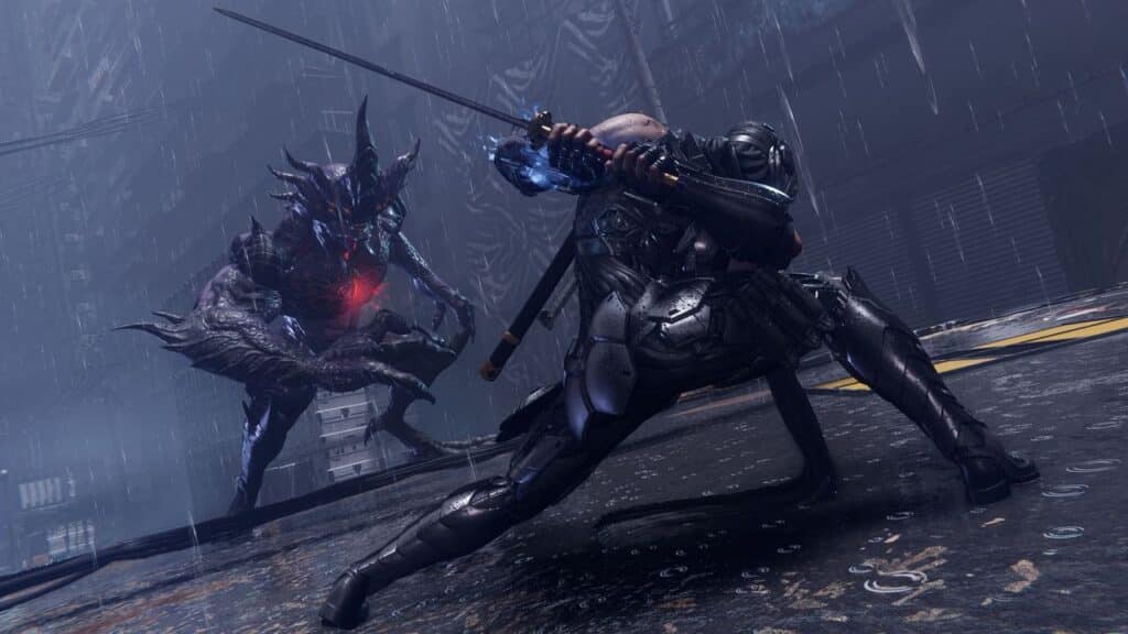 A futuristic armored warrior with a sword faces a large, menacing monster in the rain, evoking the intense battles of Ninja Gaiden 4.