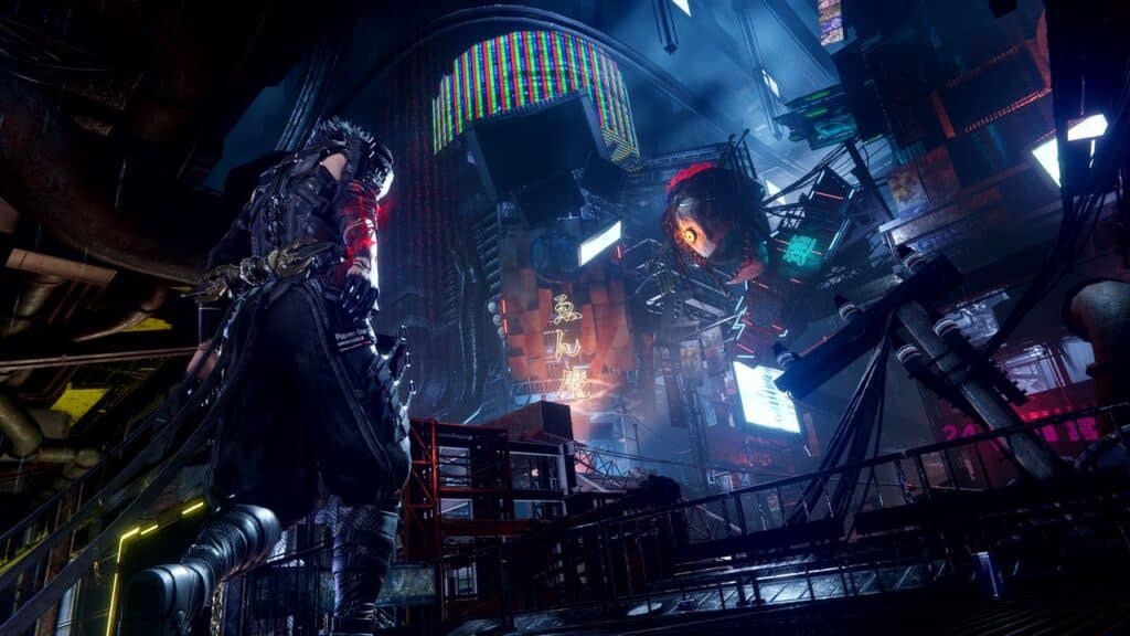 A futuristic cityscape with neon lights and a person in dark, cyberpunk attire, reminiscent of Ninja Gaiden 4, standing on a platform.