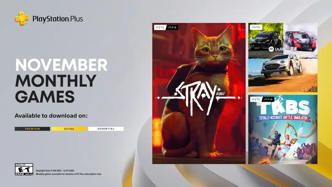 PlayStation Plus November games: Stray, racing game, and Totally Accurate Battle Simulator shown for download.