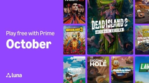 Promotional image for Amazon Luna showing free games with Prime in October, including Borderlands 3 and Dead Island 2.