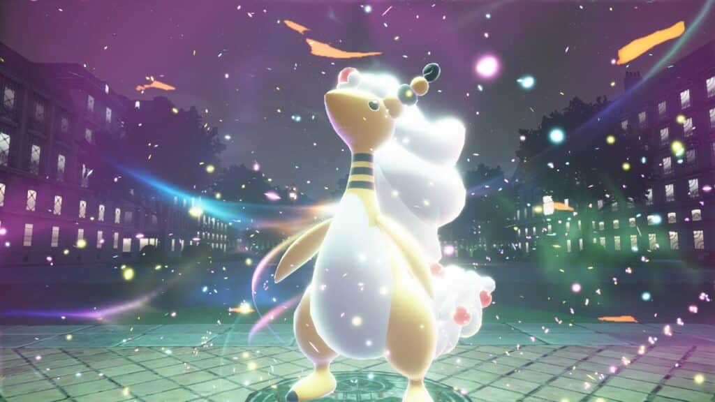 A glowing Mega Ampharos stands on a city plaza, surrounded by colorful sparkles and swirling energy—an electrifying scene inspired by Pokémon Legends Z-A.