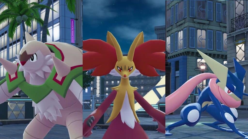 Three Pokémon—Chesnaught, Delphox, and Greninja—stand in dynamic poses in a cityscape, inspired by the world of Pokémon Legends Z-A.