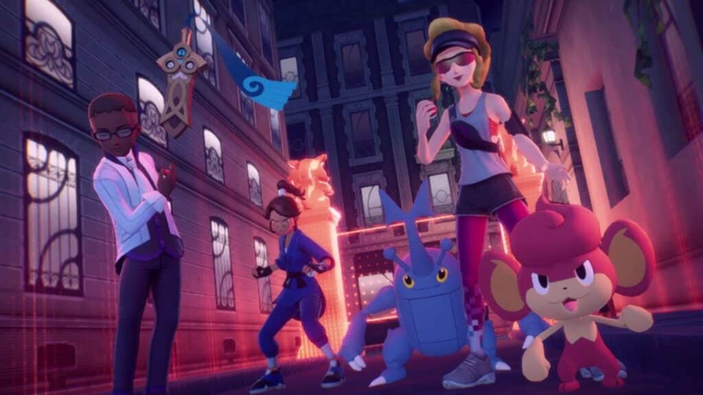 Three trainers and their Pokémon stand confidently in a neon-lit city street at night, ready for battle in the world of Pokémon Legends Z-A.