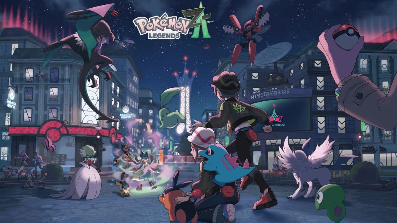 A Pokémon trainer faces various Pokémon in a lively, neon-lit city at night with fireworks in the sky, inspired by the adventure and excitement of Pokémon Legends Z-A.
