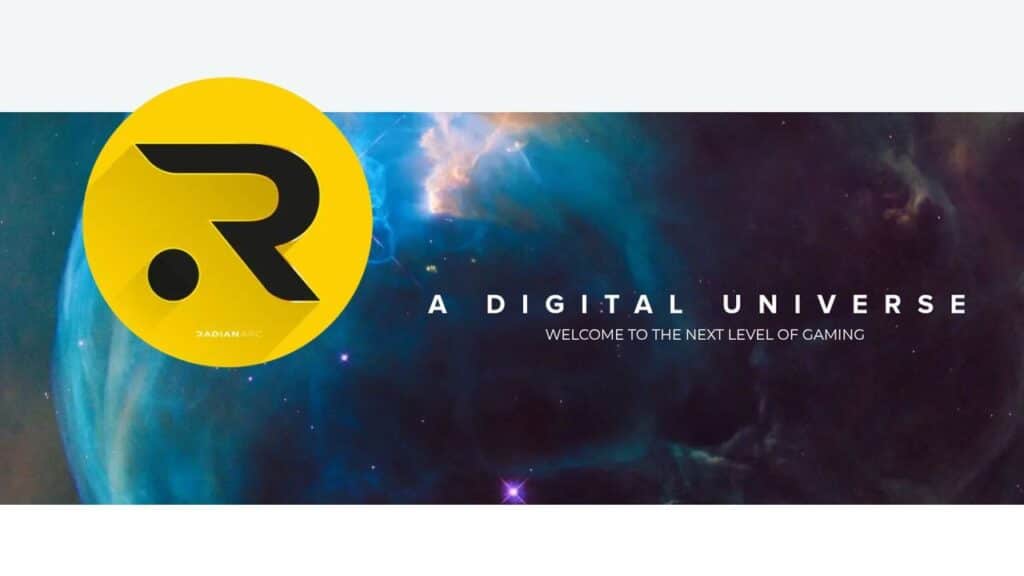 A yellow logo on a space background with the text "A DIGITAL UNIVERSE. Welcome to the next level of gaming," celebrating the Radian Arc and Lumin8 partnership.