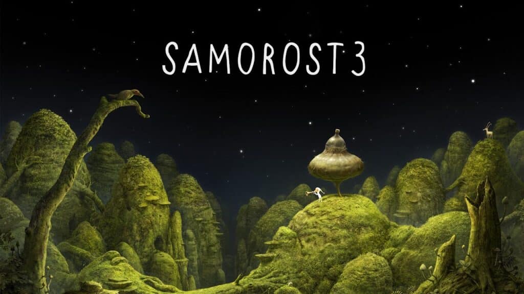 A small figure stands on a mossy hill beneath the title "Samorost 3" in a surreal, green landscape at night.