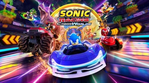 Sonic Racing CrossWorlds lets Sonic and friends speed through vibrant tracks in colorful cars with neon lights, all while a towering dinosaur looms in the background.