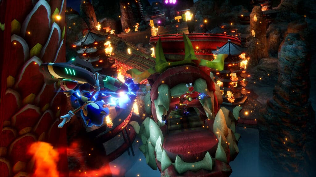 A robot battles enemies above a fiery dragon statue in a vibrant, action-packed Sonic Racing CrossWorlds fantasy setting.