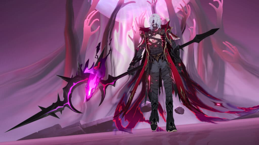 White-haired warrior in black and red armor wields a glowing purple scythe amid twisted, pinkish trees—an ethereal scene reminiscent of Genshin Impact Version Luna II.