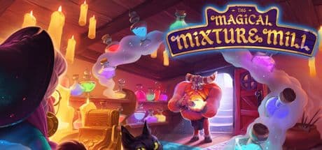 A cozy fantasy lab with glowing potions, candles, a cat, and a horned shopkeeper; "Magical Mixture Mill" sign above.