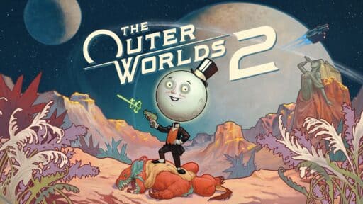 A cartoon moon-headed man wields a ray gun, standing triumphantly atop a defeated creature beneath "The Outer Worlds 2" title.