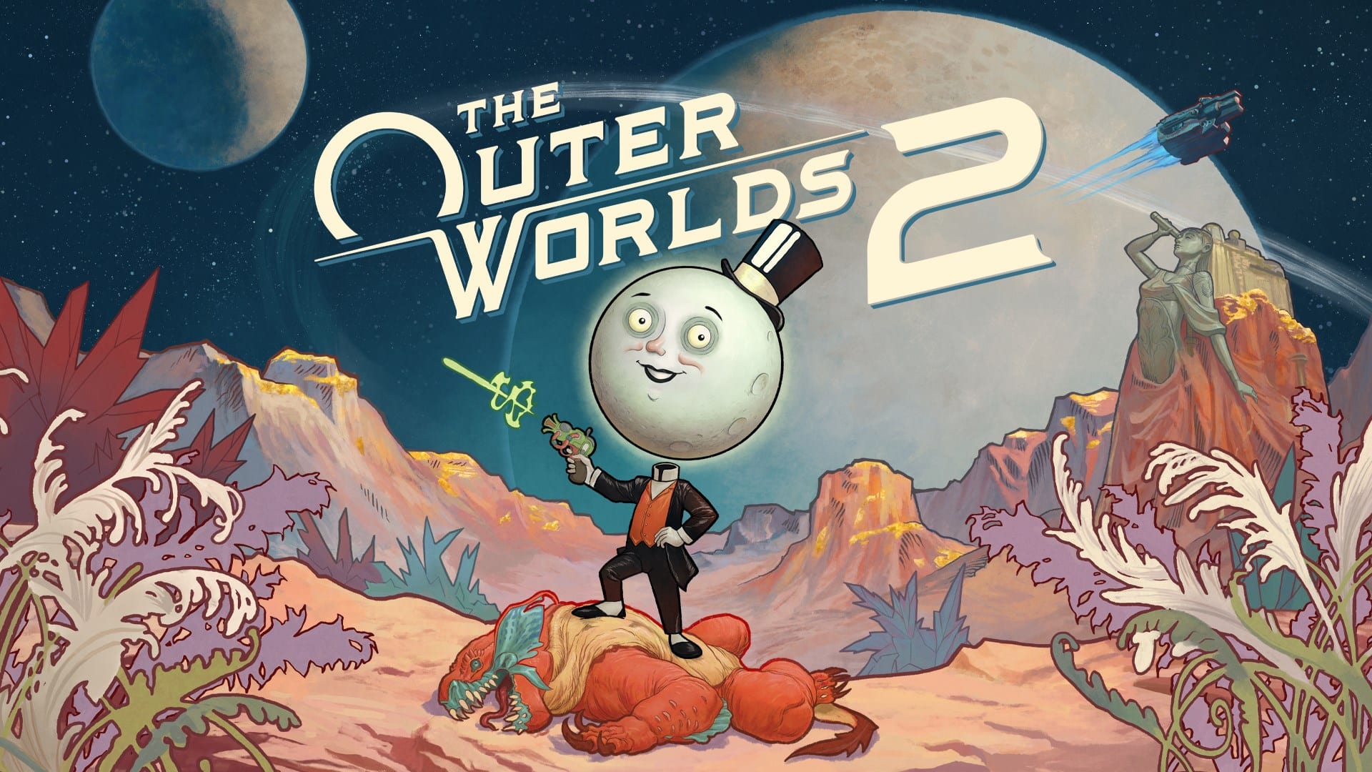 A cartoon moon-headed man wields a ray gun, standing triumphantly atop a defeated creature beneath "The Outer Worlds 2" title.