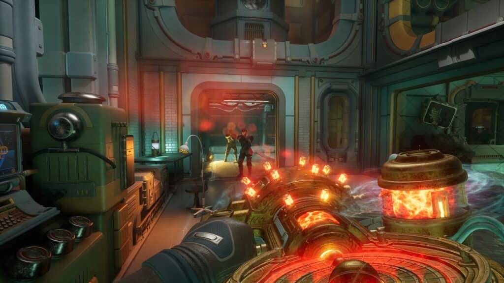 Player fires a glowing sci-fi weapon at two enemies in a futuristic, industrial lab reminiscent of The Outer Worlds 2.