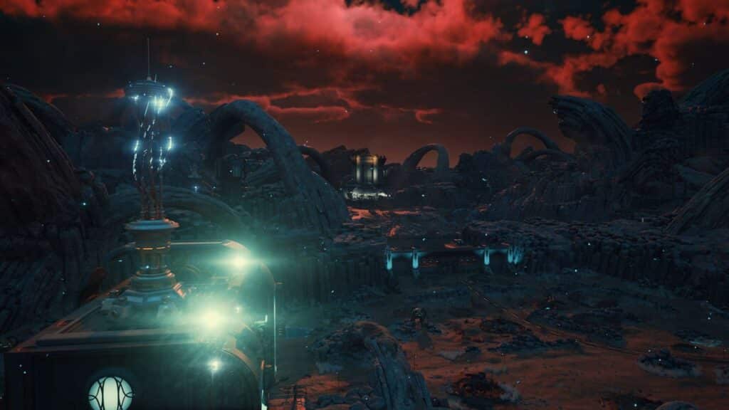 A glowing sci-fi structure in a rocky, alien landscape under a red, cloudy sky at night, reminiscent of The Outer Worlds 2 atmosphere.
