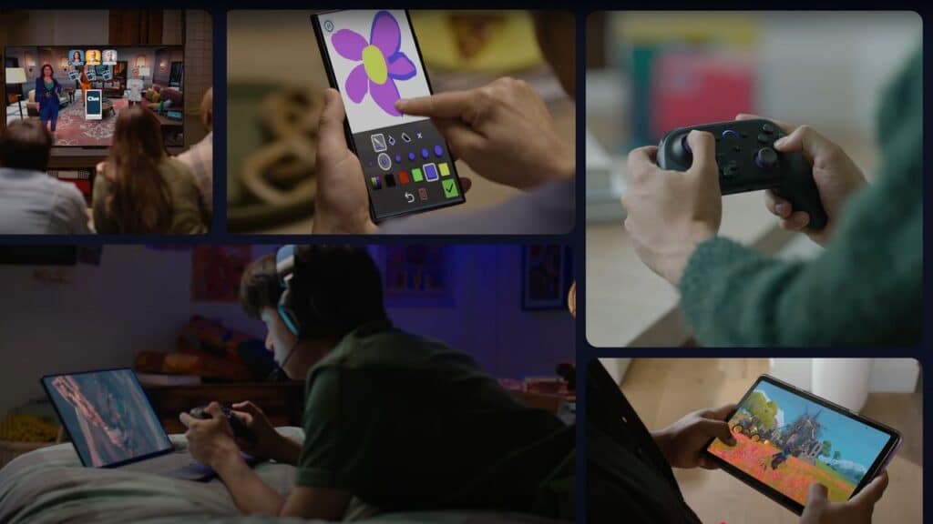 A collage shows people playing video games on the All-New Amazon Luna, drawing on a tablet, and watching TV together.