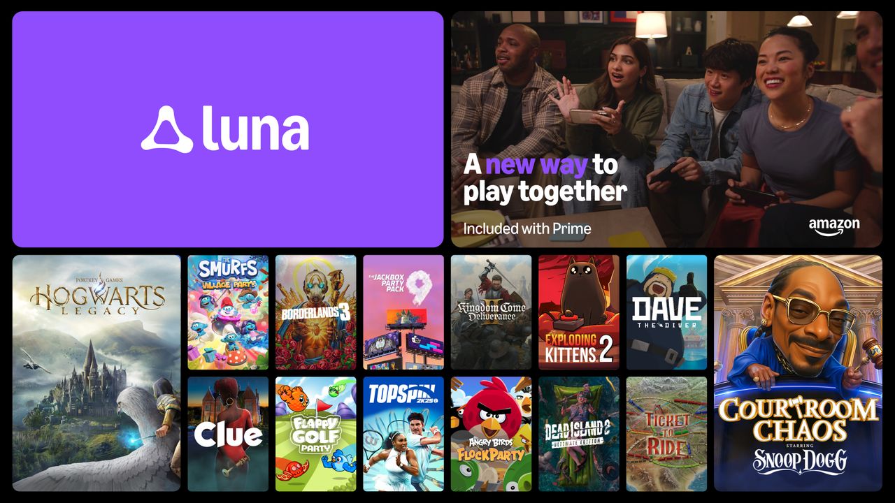 Luna logo, friends playing games, and various game covers—including Hogwarts Legacy, Clue, Smurfs, and more—highlight the fun on the All New Amazon Luna platform.