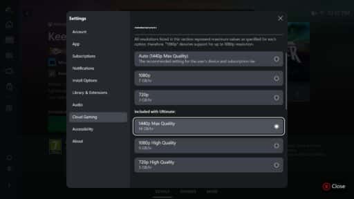A settings menu displaying video resolution options, with 1440p Max Quality selected.