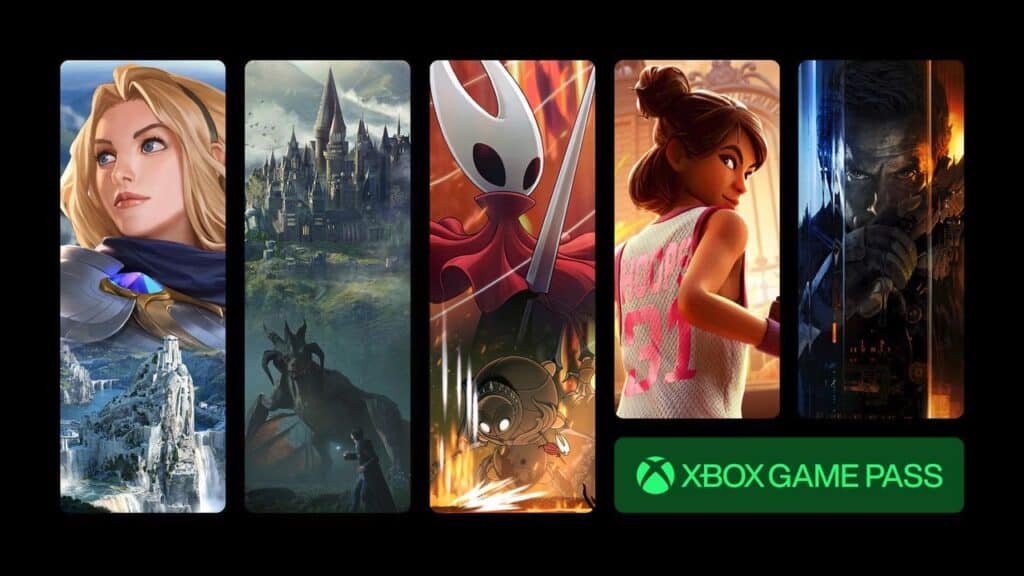 Five vertical panels of various video game characters and worlds, with the Xbox Game Pass logo at the bottom right, highlight the excitement of August 2025 U.S. Video Game Sales.