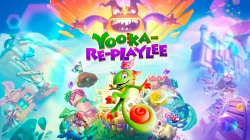 Colorful game cover for Yooka-Replaylee featuring a lizard and bat with coins, gems, and vibrant scenery.
