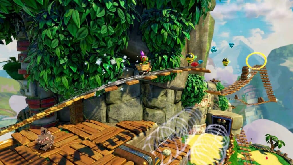 A cartoon lizard rides a minecart on a wooden track in a colorful, tropical fantasy world inspired by Yooka-Replaylee.